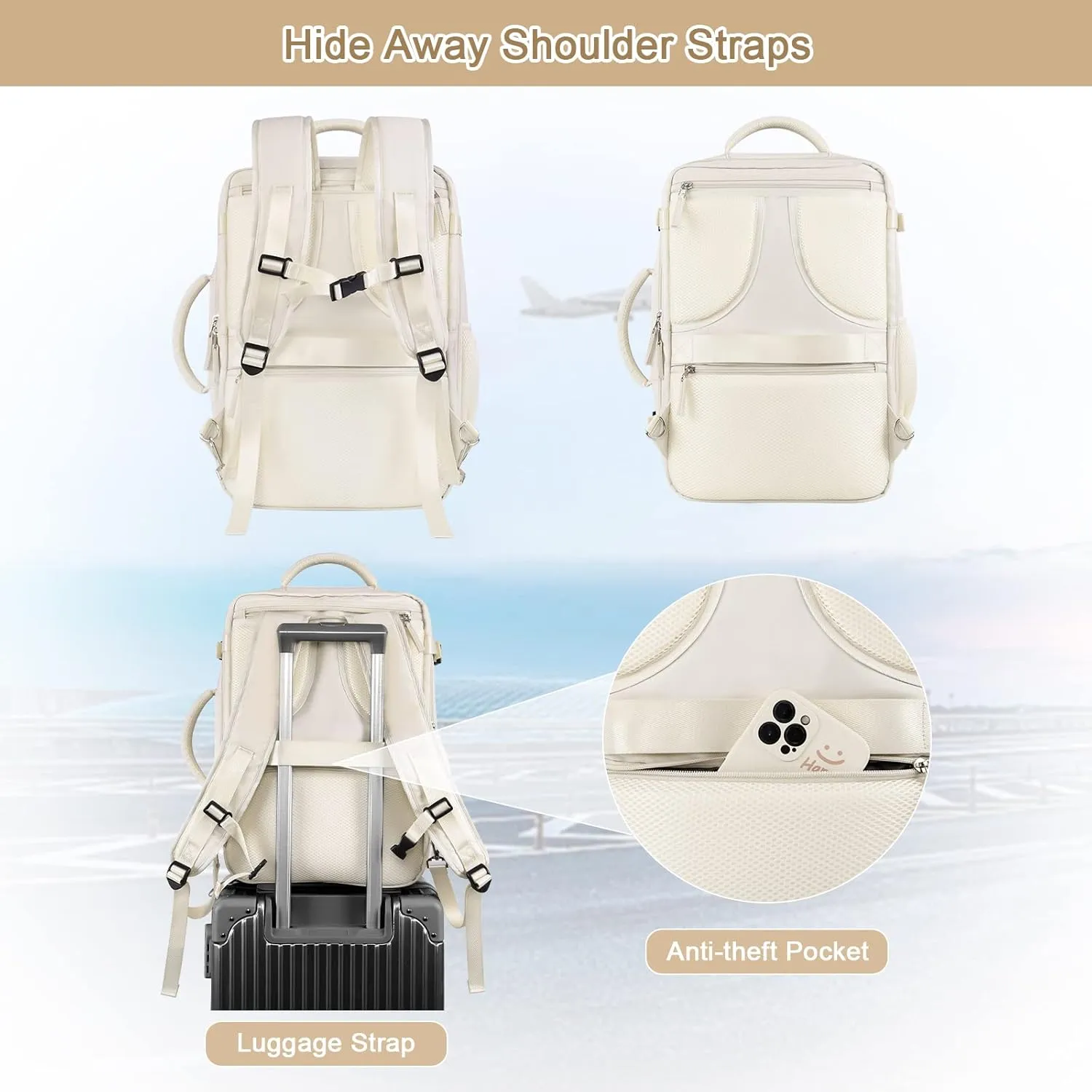 Travel Backpack for Women, Expandable 40L Carry on Flight Approved Backpack, 17 Inch Laptop Waterproof Travel Bag for College, Travel, Work, Beige