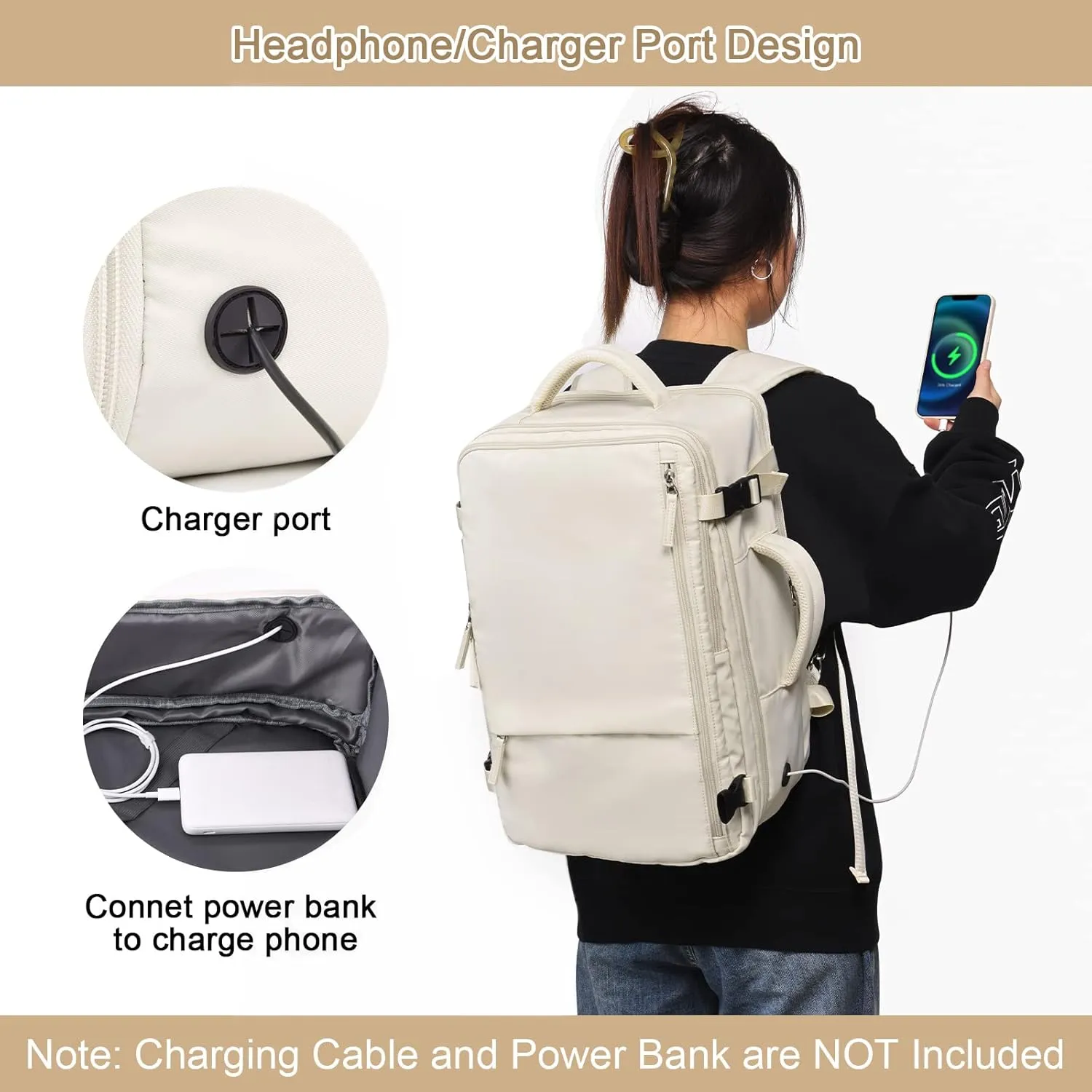 Travel Backpack for Women, Expandable 40L Carry on Flight Approved Backpack, 17 Inch Laptop Waterproof Travel Bag for College, Travel, Work, Beige