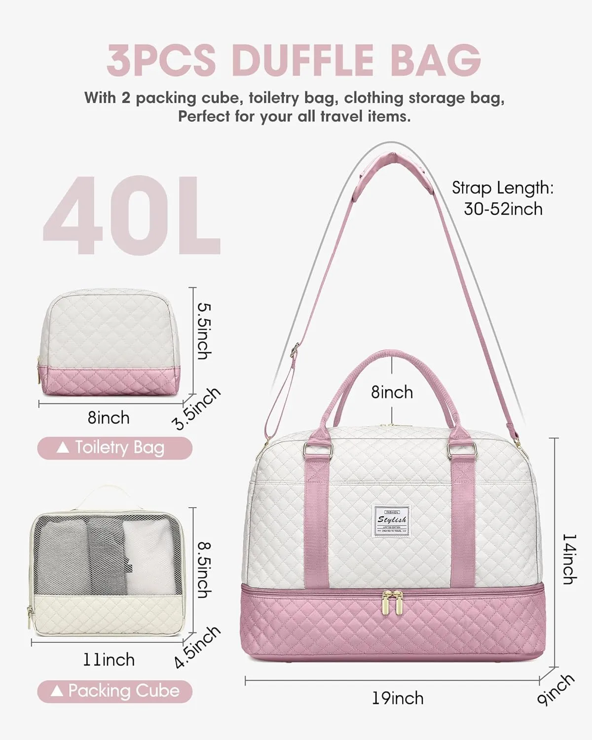 Travel Duffle Weekender Bags for Women: Overnight Bag with Shoe Compartment Carry On Bags with Toiletry & Wet Pocket Large Tote Hospital for Women Labor Delivery Beige Pink