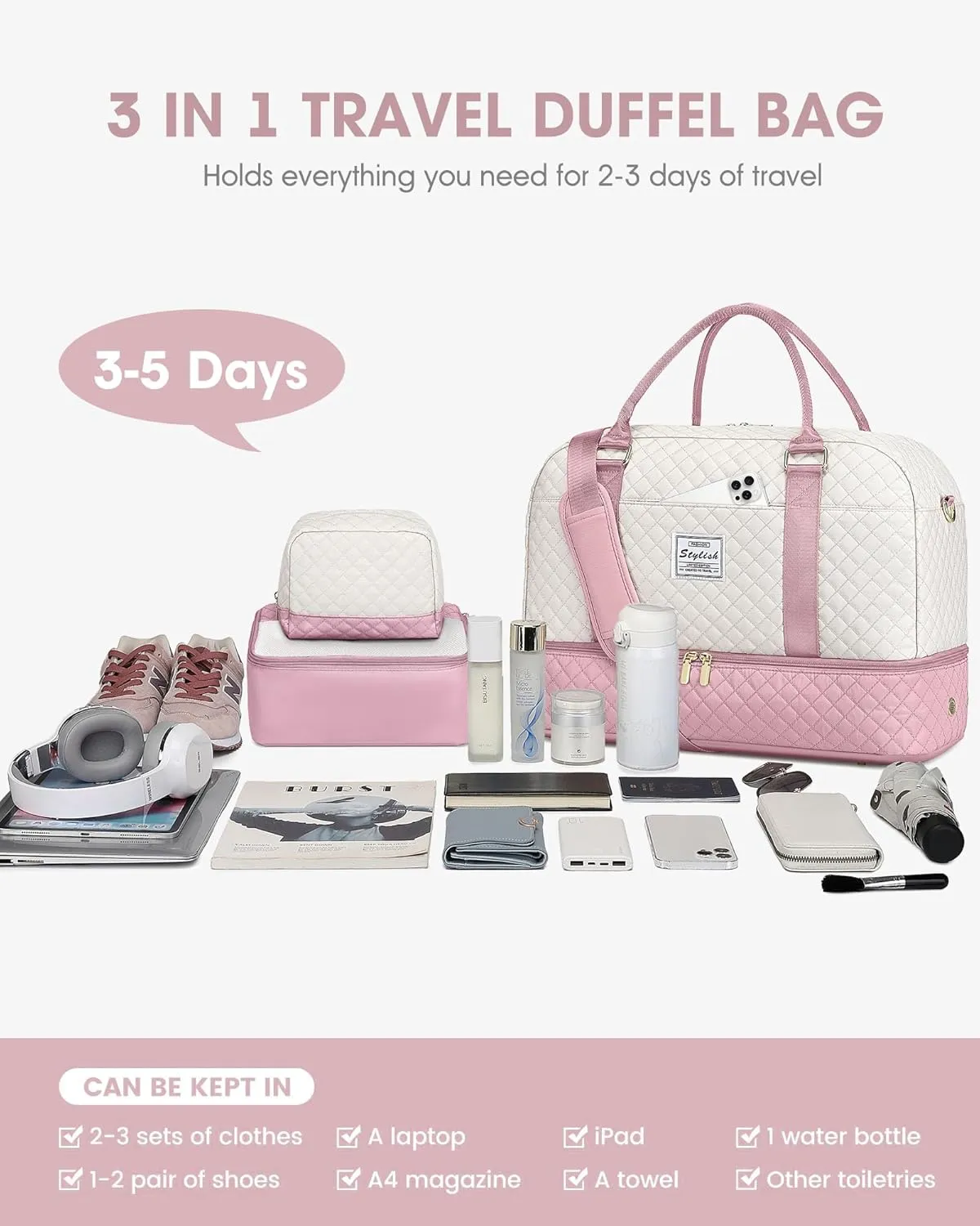 Travel Duffle Weekender Bags for Women: Overnight Bag with Shoe Compartment Carry On Bags with Toiletry & Wet Pocket Large Tote Hospital for Women Labor Delivery Beige Pink