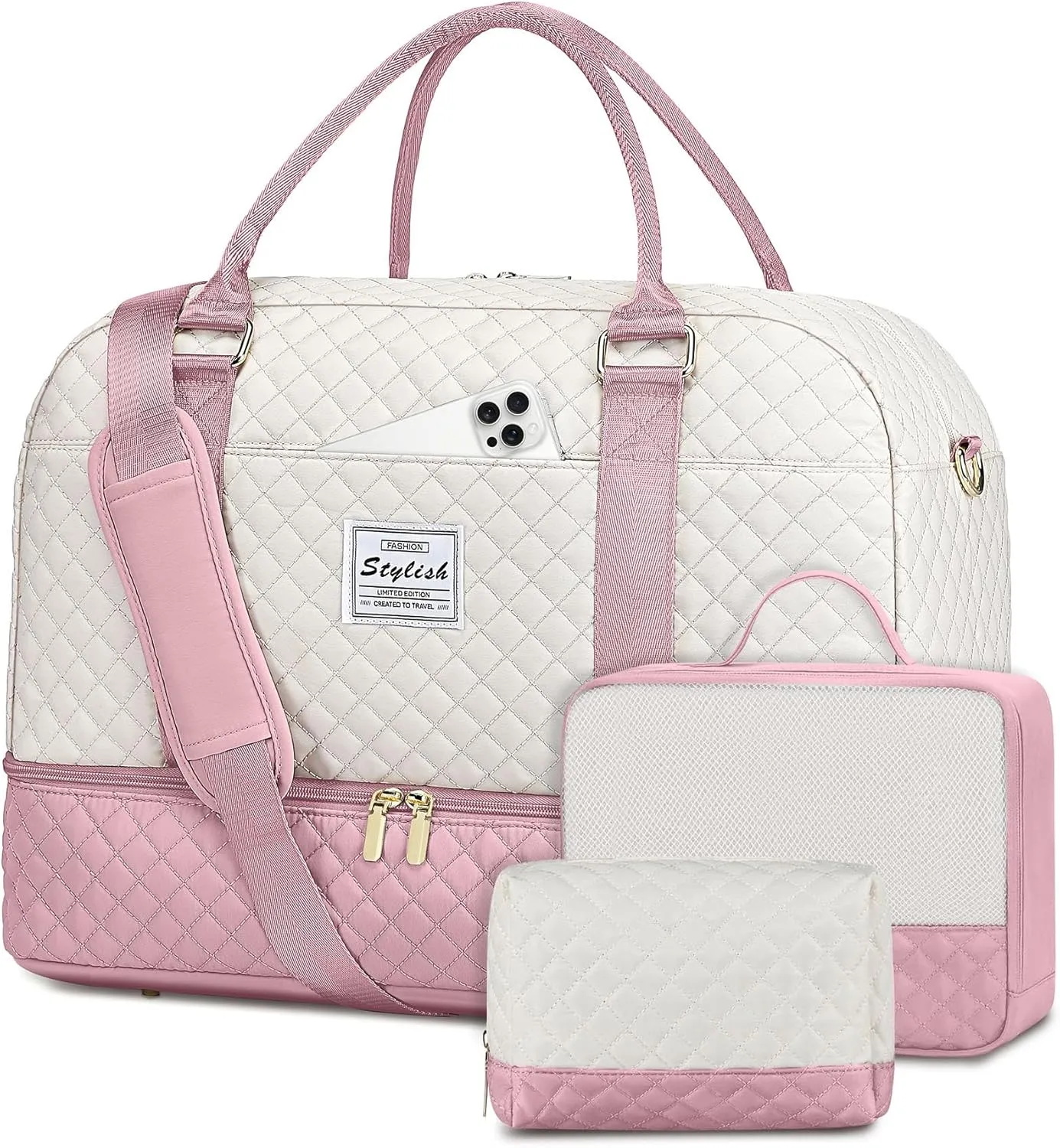 Travel Duffle Weekender Bags for Women: Overnight Bag with Shoe Compartment Carry On Bags with Toiletry & Wet Pocket Large Tote Hospital for Women Labor Delivery Beige Pink