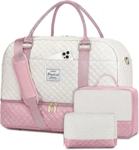 Travel Duffle Weekender Bags for Women: Overnight Bag with Shoe Compartment Carry On Bags with Toiletry & Wet Pocket Large Tote Hospital for Women Labor Delivery Beige Pink