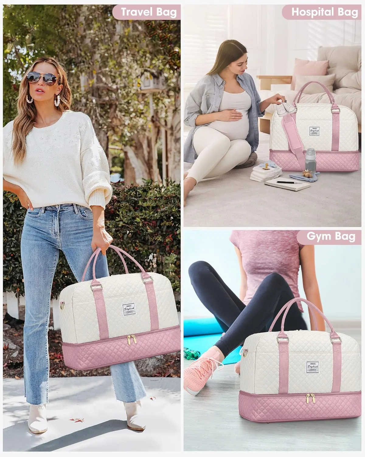 Travel Duffle Weekender Bags for Women: Overnight Bag with Shoe Compartment Carry On Bags with Toiletry & Wet Pocket Large Tote Hospital for Women Labor Delivery Beige Pink