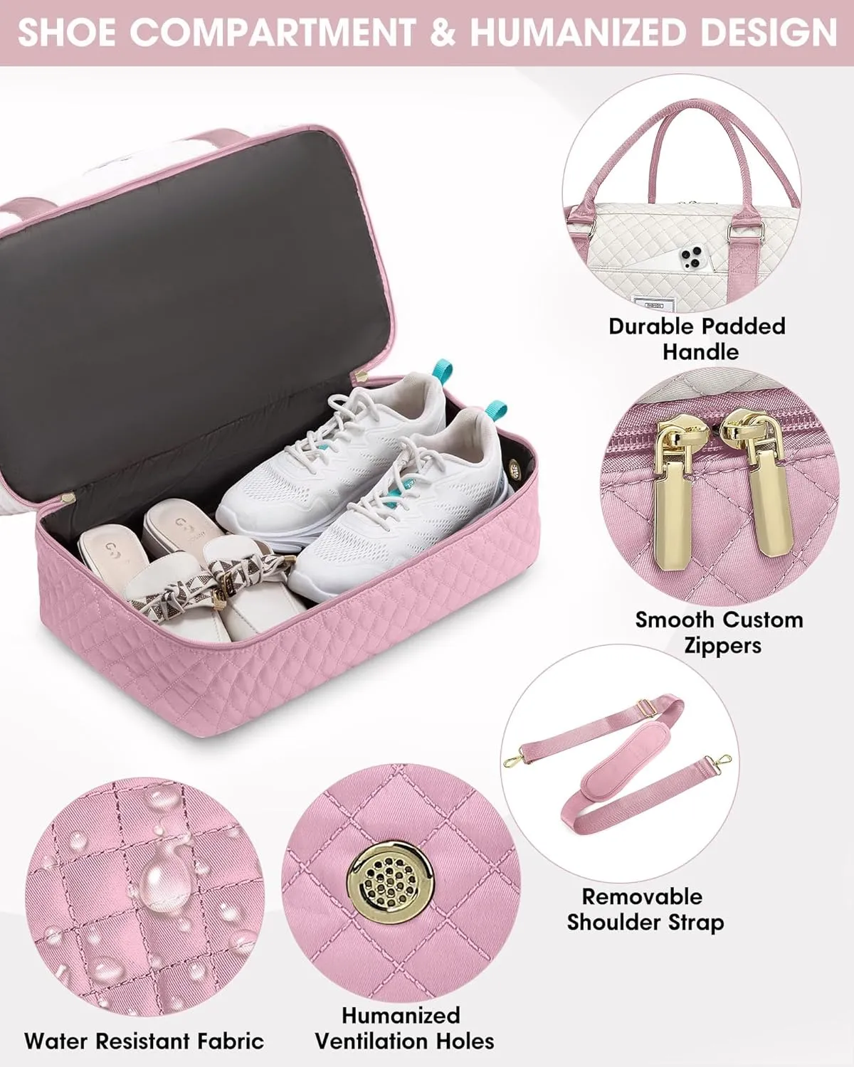 Travel Duffle Weekender Bags for Women: Overnight Bag with Shoe Compartment Carry On Bags with Toiletry & Wet Pocket Large Tote Hospital for Women Labor Delivery Beige Pink