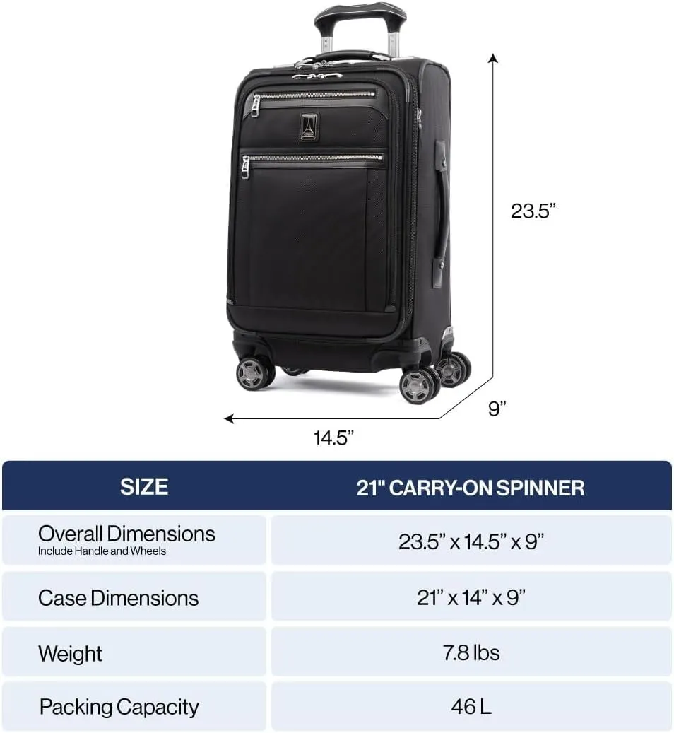 Travelpro Platinum Elite Softside Expandable Carry on Luggage, 8 Wheel Spinner Suitcase, USB Port, Suiter, Men and Women, Dark Blue, Carry On 21-Inch