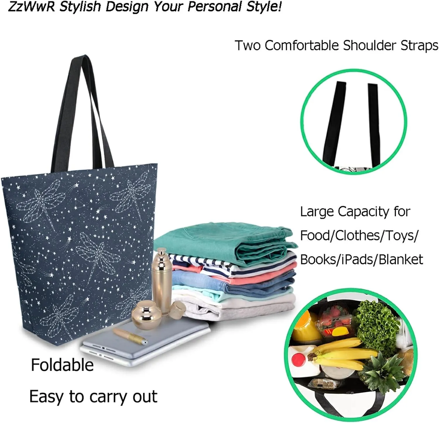Trendy Cute Printed Pattern Extra Large Shoulder Tote Bag for Beach Travel Weekender Gym Grocery Shopping