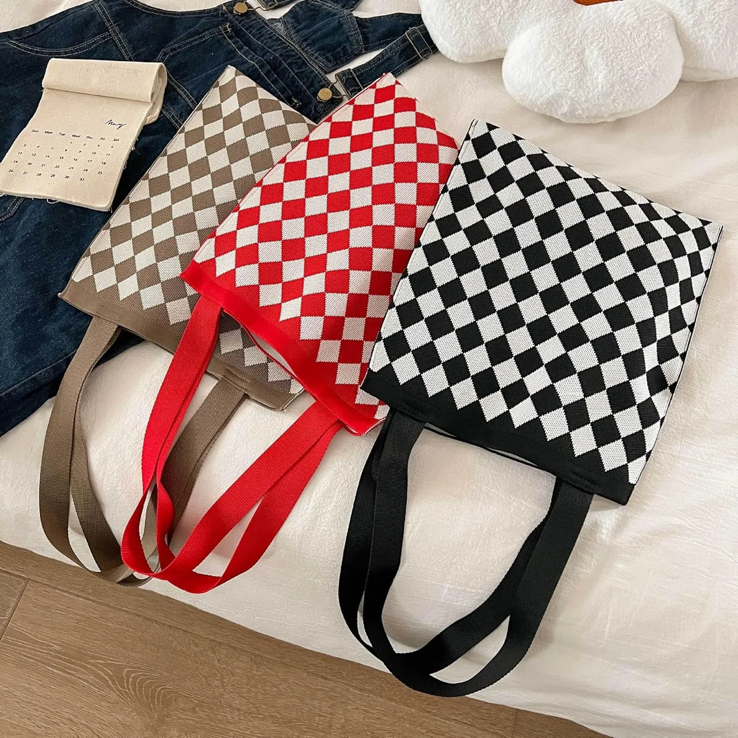 TTCAYU Knitted Shoulder Bag for Women Striped Checkered Handbag Summer Woven crochet beach Bag Purse for Shopping Travel