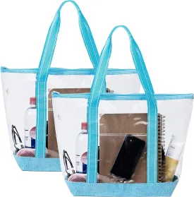 VENO 2 Pack Clear Bag Transparent Vinyl PVC Tote, Outdoor, Beach, Pool (Set of 2, Cyan)