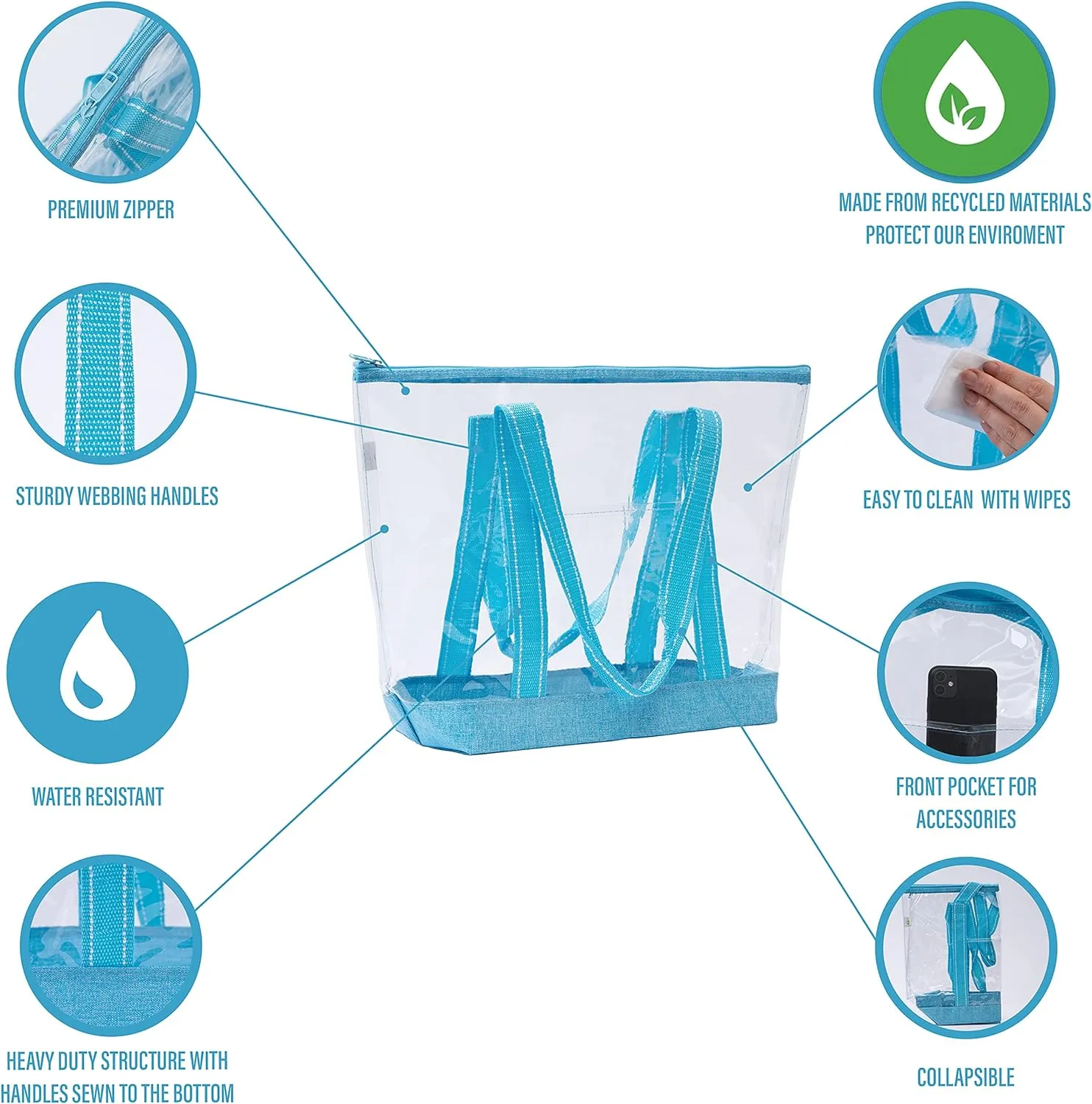 VENO 2 Pack Clear Bag Transparent Vinyl PVC Tote, Outdoor, Beach, Pool (Set of 2, Cyan)
