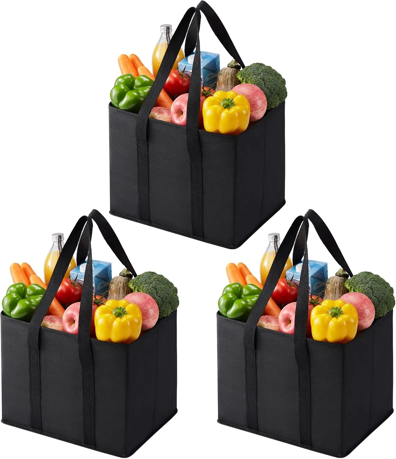 VENO 3 Pack Reusable Grocery Bags, Shopping Bags for groceries, Utility Tote with Handles and Hard Bottom, Foldable Shopping Cart Organizer, Multi-Purpose, Heavy-Duty (Black, 6 Gallon-3 Pack)