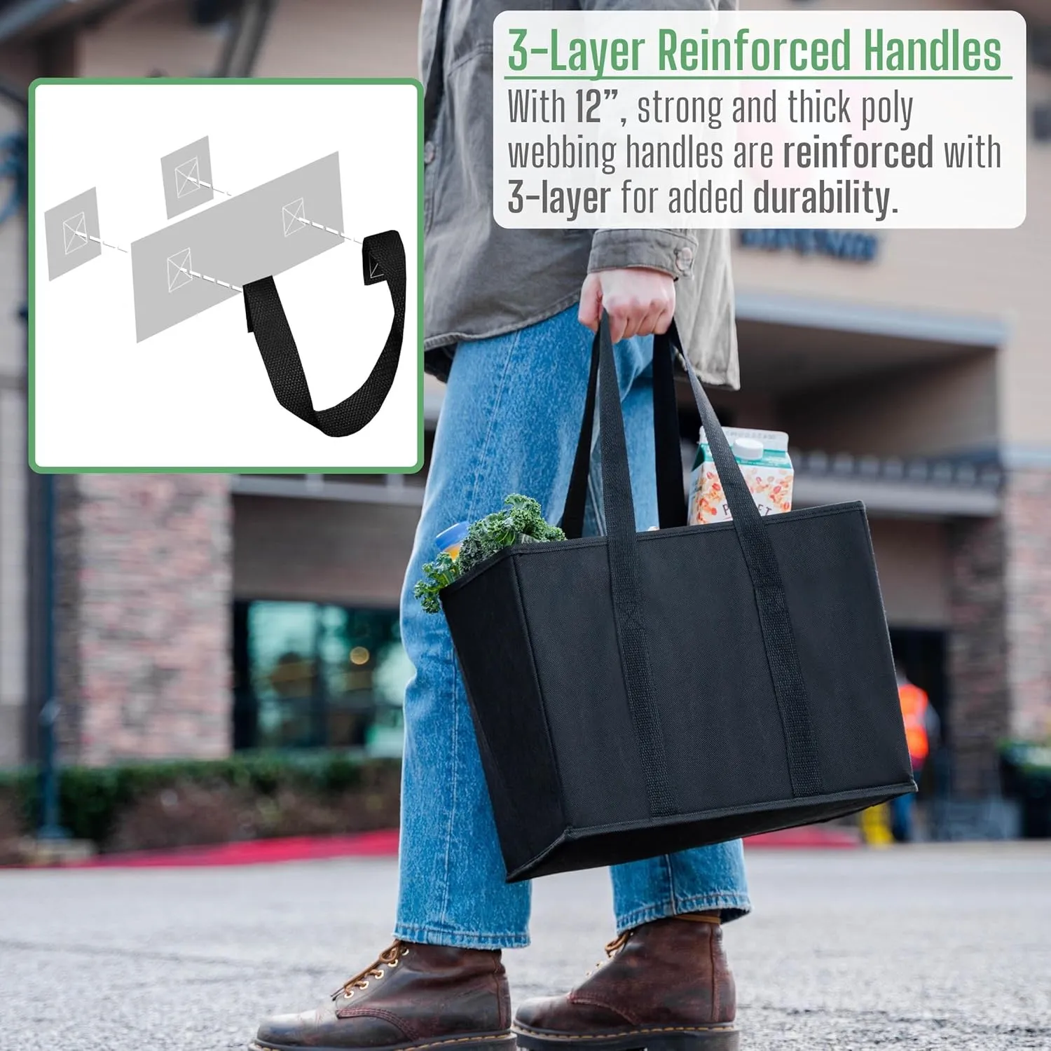 VENO 3 Pack Reusable Grocery Bags, Shopping Bags for groceries, Utility Tote with Handles and Hard Bottom, Foldable Shopping Cart Organizer, Multi-Purpose, Heavy-Duty (Black, 6 Gallon-3 Pack)