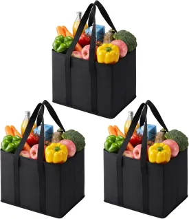 VENO 3 Pack Reusable Grocery Bags, Shopping Bags for groceries, Utility Tote with Handles and Hard Bottom, Foldable Shopping Cart Organizer, Multi-Purpose, Heavy-Duty (Black, 6 Gallon-3 Pack)