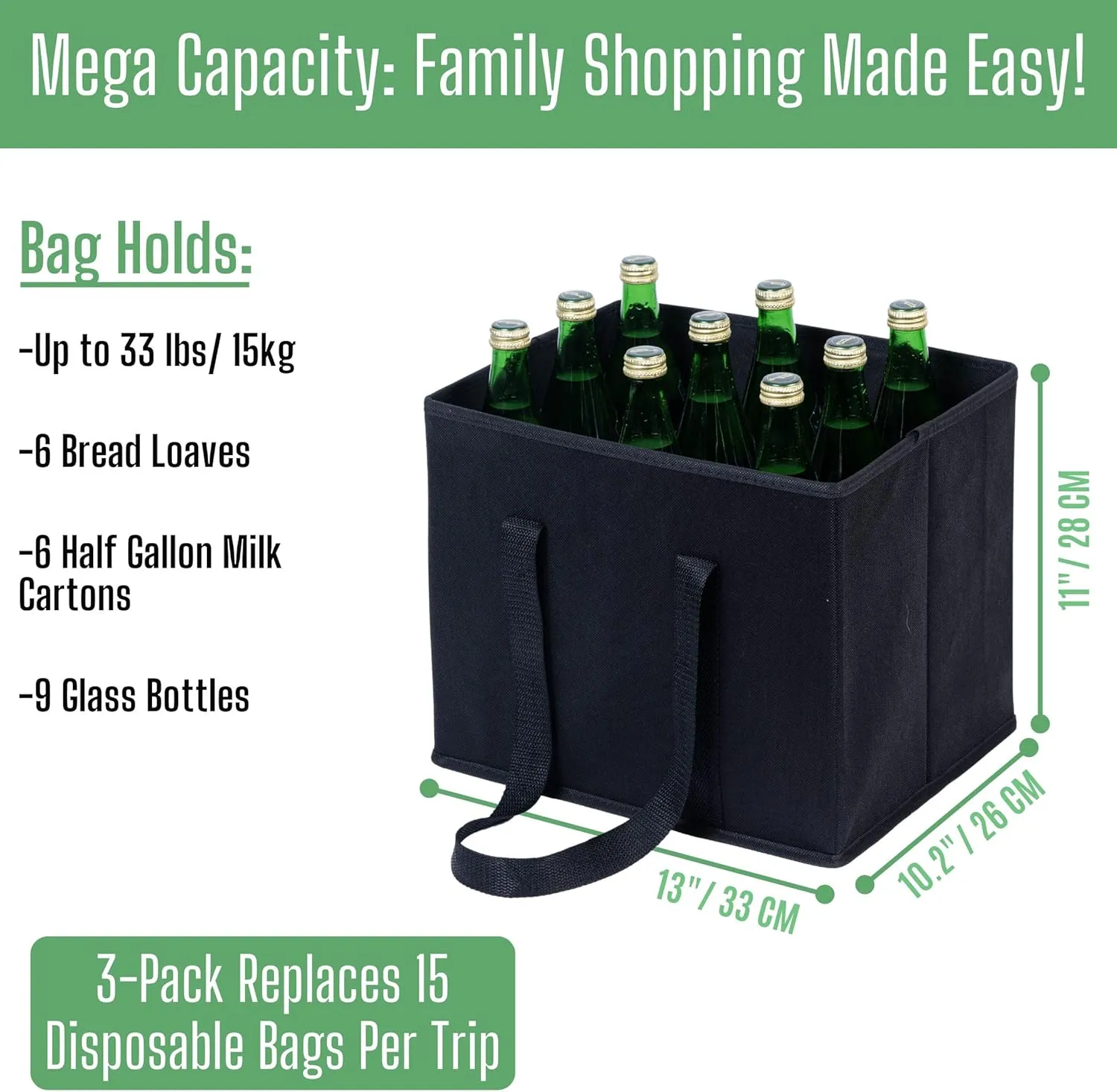 VENO 3 Pack Reusable Grocery Bags, Shopping Bags for groceries, Utility Tote with Handles and Hard Bottom, Foldable Shopping Cart Organizer, Multi-Purpose, Heavy-Duty (Black, 6 Gallon-3 Pack)