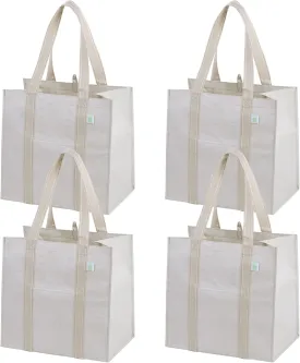 VENO 4 Pack Reusable Grocery Bags w/ Hard Bottom, Heavy-Duty Shopping Bags for Shopping Cart (Beige, 4 Pack)