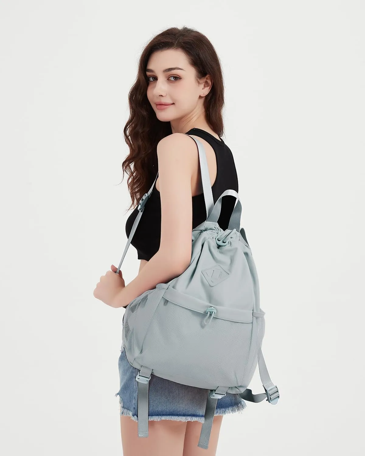 WANDF Drawstring Backpack Sports Gym Bag with Yoga Mat Strap, Water-Resistant String Backpack Cinch Bag with Mesh Pocket for Women Men (Grey, Patent Pending)