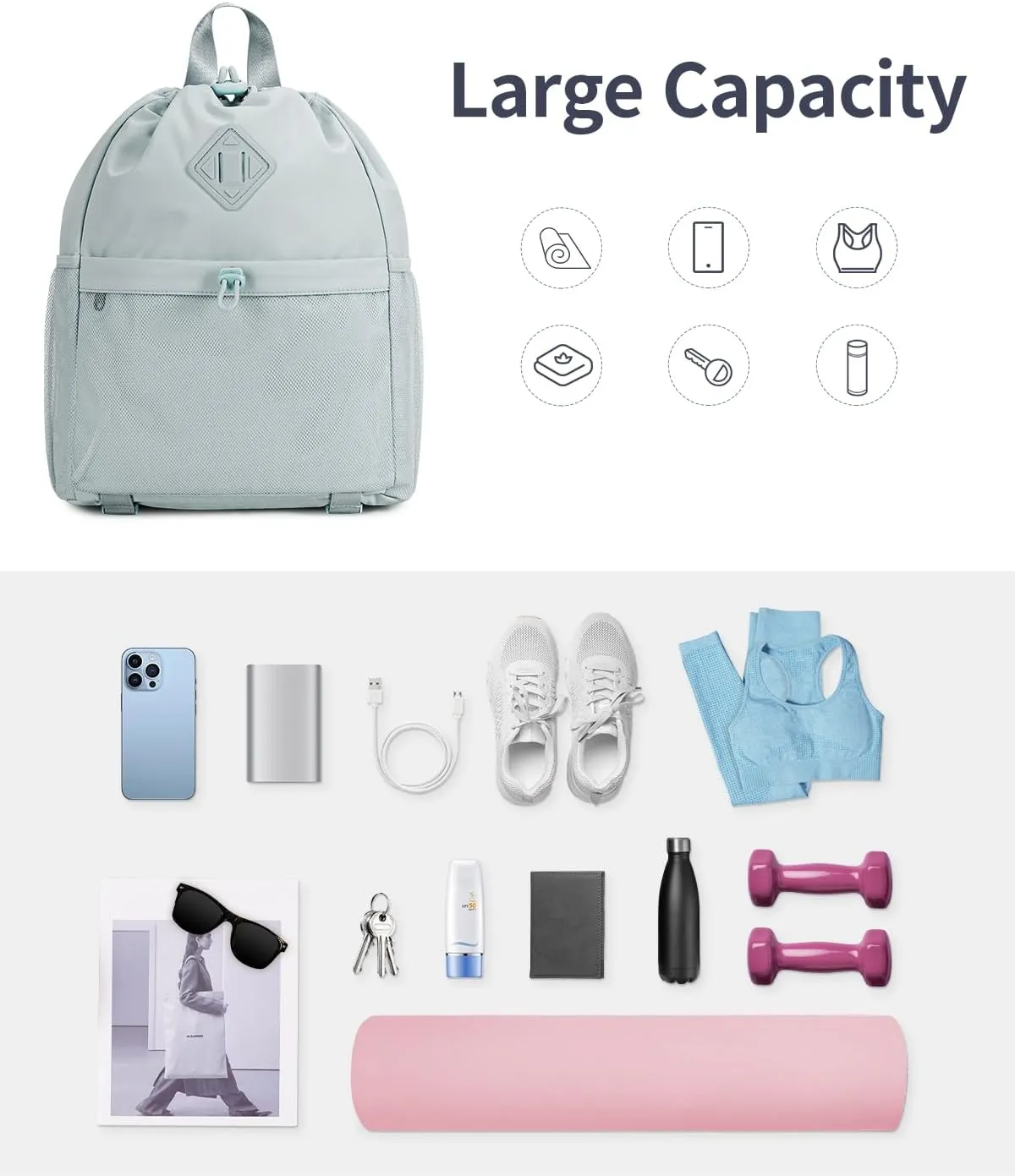 WANDF Drawstring Backpack Sports Gym Bag with Yoga Mat Strap, Water-Resistant String Backpack Cinch Bag with Mesh Pocket for Women Men (Grey, Patent Pending)
