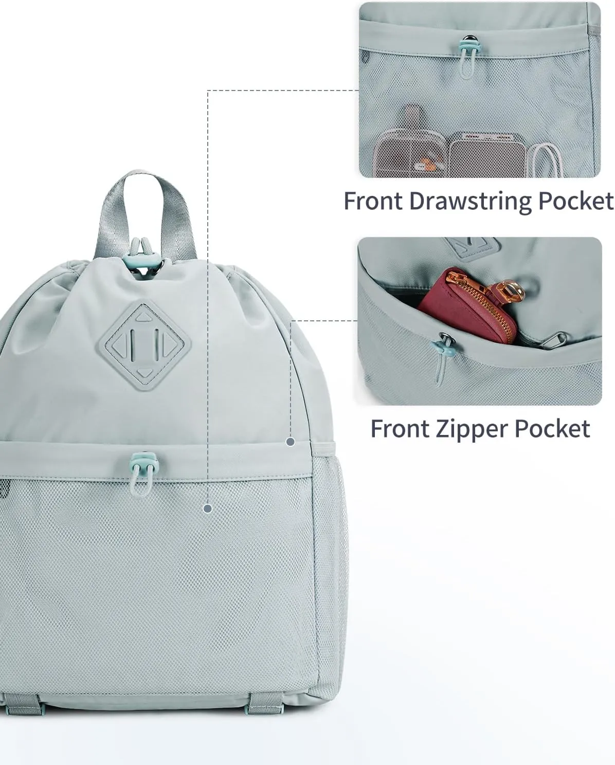 WANDF Drawstring Backpack Sports Gym Bag with Yoga Mat Strap, Water-Resistant String Backpack Cinch Bag with Mesh Pocket for Women Men (Grey, Patent Pending)