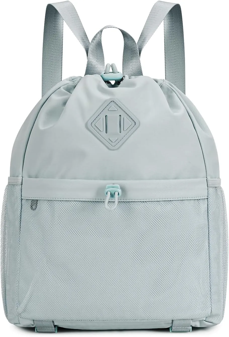 WANDF Drawstring Backpack Sports Gym Bag with Yoga Mat Strap, Water-Resistant String Backpack Cinch Bag with Mesh Pocket for Women Men (Grey, Patent Pending)