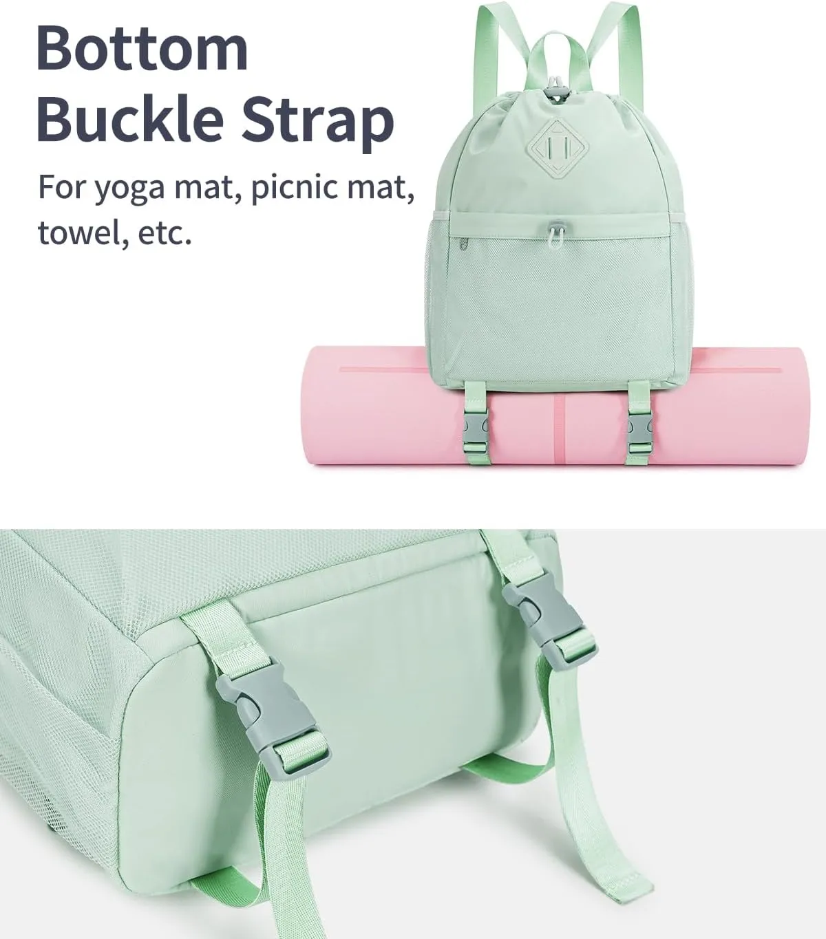WANDF Drawstring Backpack Sports Gym Bag with Yoga Mat Strap, Water-Resistant String Backpack Cinch Bag with Mesh Pocket for Women Men (Mint Green, Patent Pending)