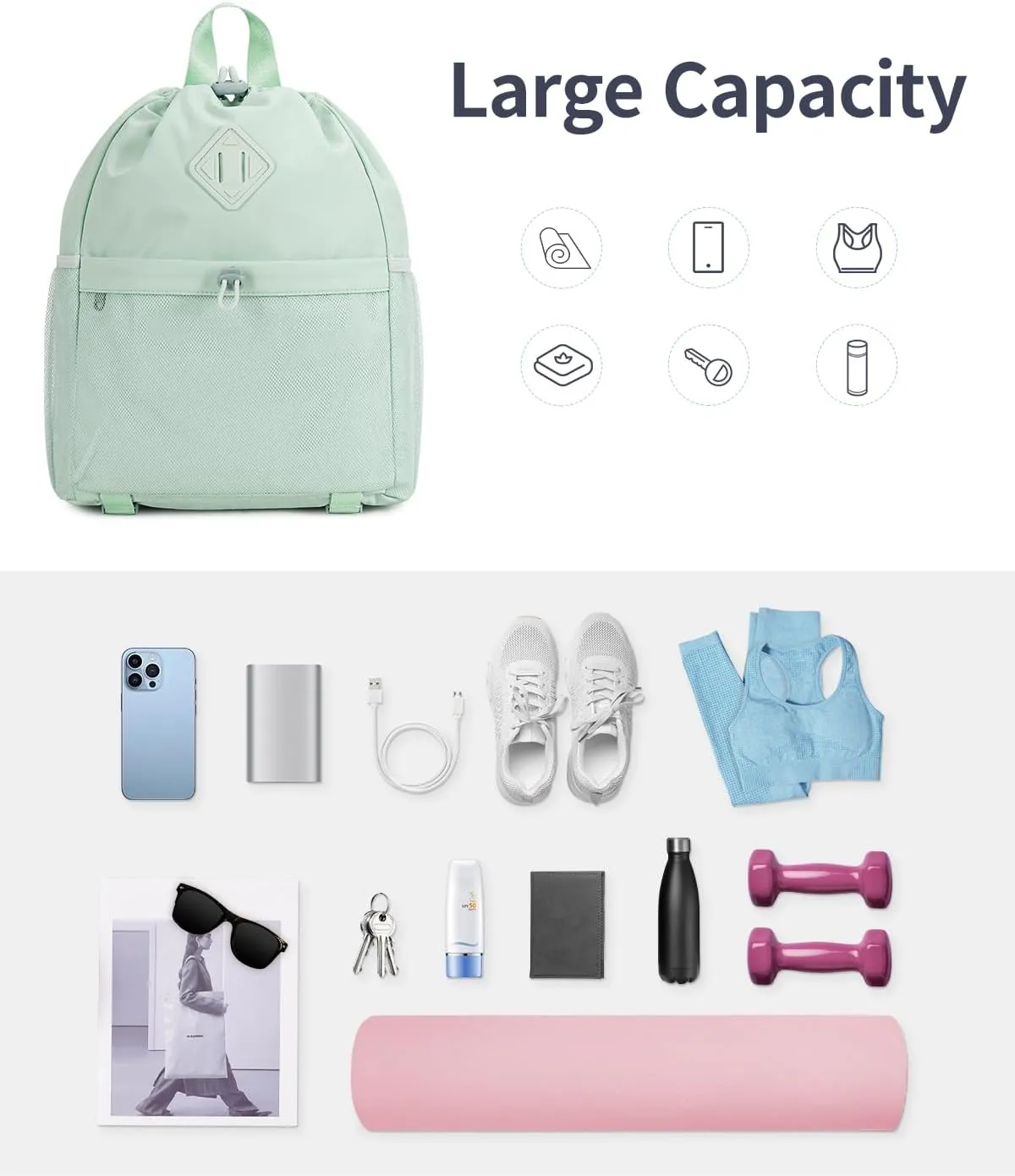 WANDF Drawstring Backpack Sports Gym Bag with Yoga Mat Strap, Water-Resistant String Backpack Cinch Bag with Mesh Pocket for Women Men (Mint Green, Patent Pending)