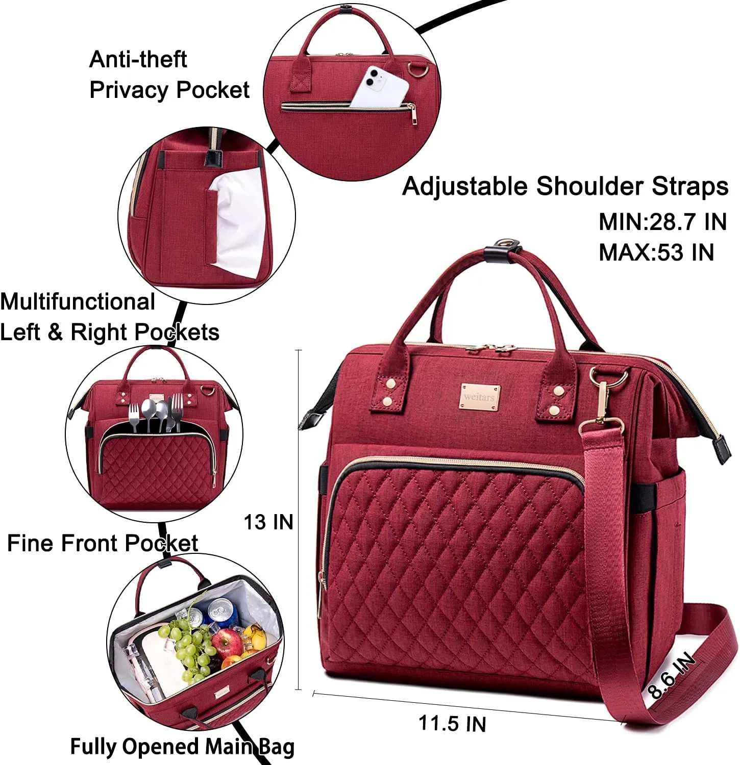 Weitars Women's Lunch Bag & Cooler Purse with Adjustable Strap & Pockets, Leakproof Lunch Box for Work, Picnic, Hiking, Beach