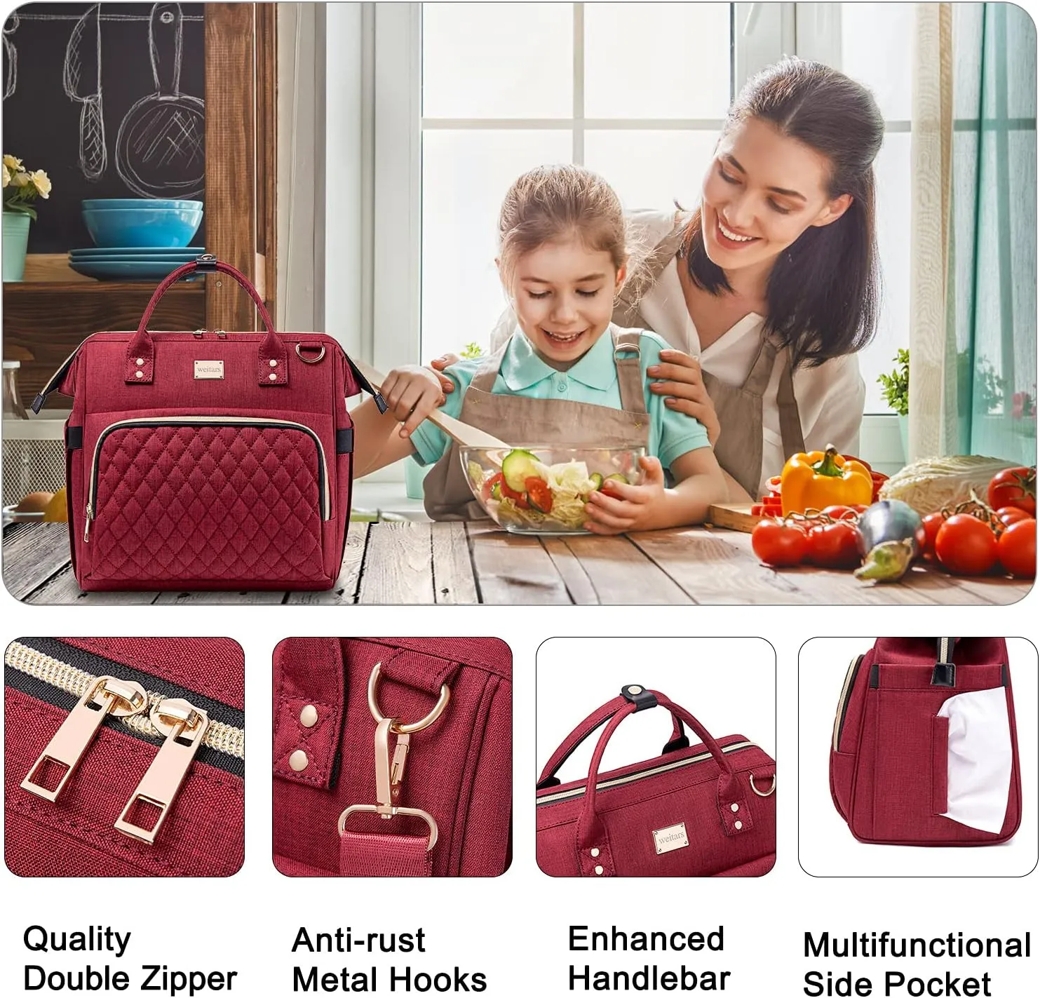 Weitars Women's Lunch Bag & Cooler Purse with Adjustable Strap & Pockets, Leakproof Lunch Box for Work, Picnic, Hiking, Beach