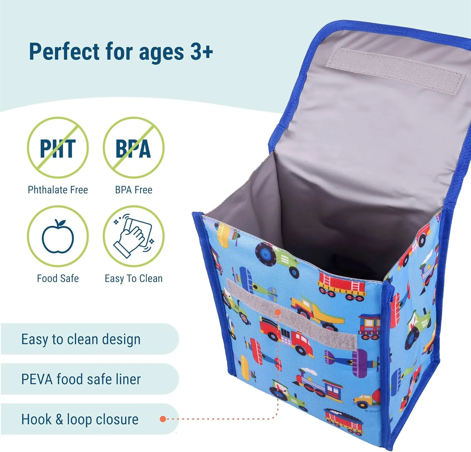 Wildkin Kids Insulated Lunch Bag  Reusable, Ideal for Hot/Cold Snacks, School & Travel - Trains, Planes and Trucks