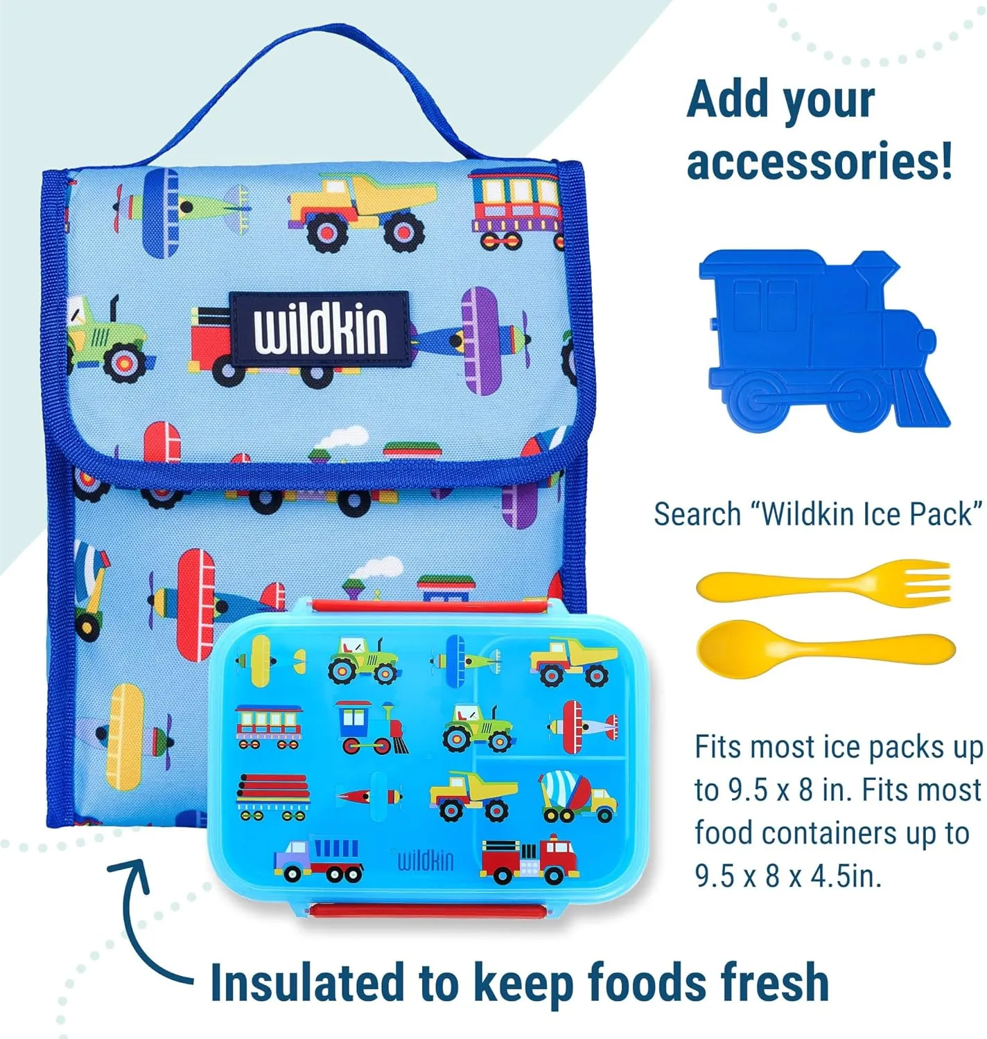 Wildkin Kids Insulated Lunch Bag  Reusable, Ideal for Hot/Cold Snacks, School & Travel - Trains, Planes and Trucks