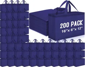 Windyun 200 Pcs Reusable Grocery Bags Large Non Woven Shopping Bags Foldable Portable Tote Carryall Bulk(Navy Blue,16x6x12 Inch)