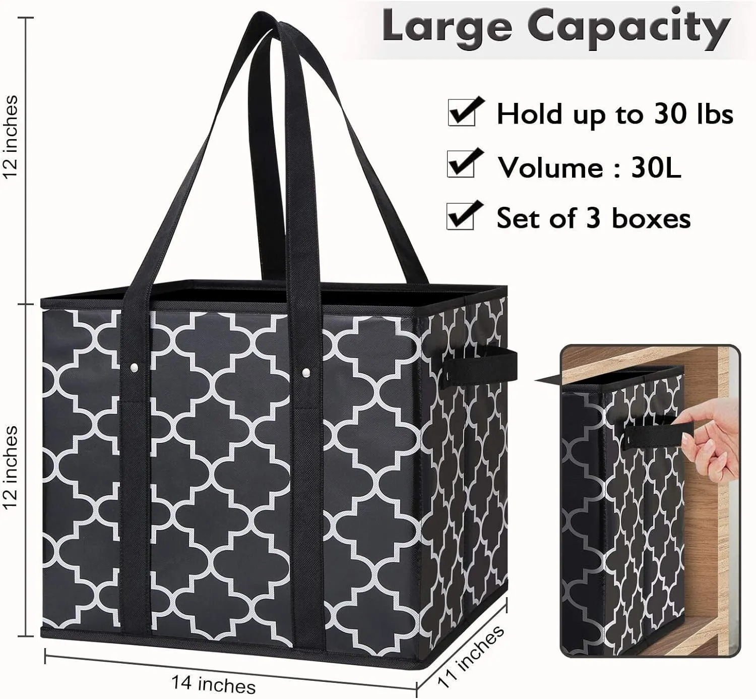 WISELIFE Reusable Grocery Bags 3-Pack Foldable Washable Large Storage Bins Basket Water Resistant Shopping Tote Bag Black