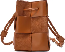 Women Drawstring Bucket Tote Crossbody Bag, Autumn Sports Woven Drawstring Hobo Bucket Bag (Brown)
