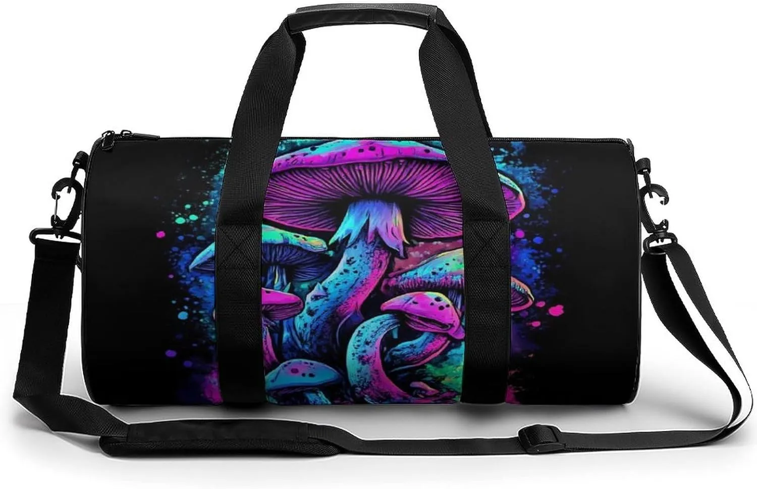 Womens Sports Gym Bag Trippy Mushroom Magical World Glowing Art Overnight Duffel Bag with Pocket Portable Waterproof Travel Fitness Handbag