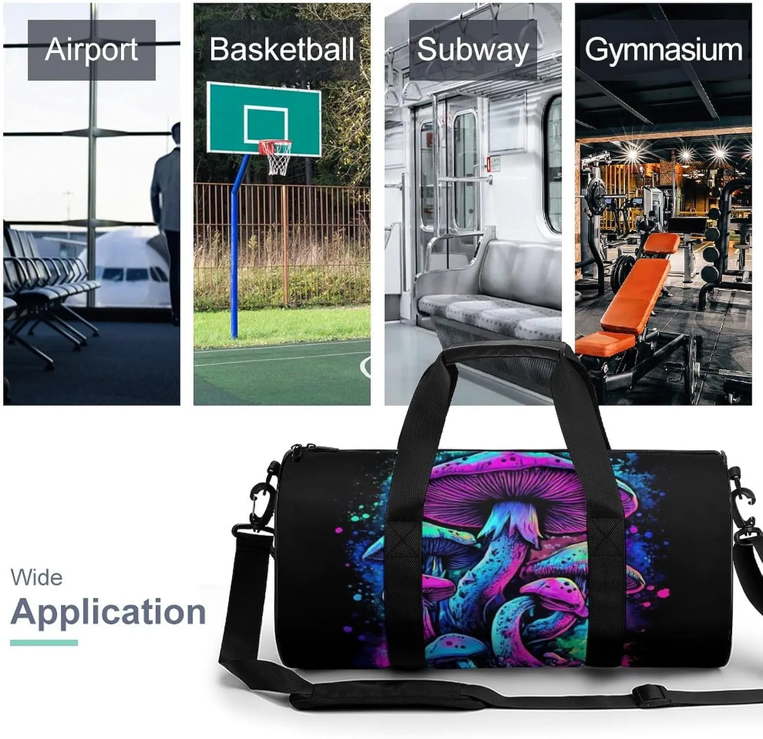 Womens Sports Gym Bag Trippy Mushroom Magical World Glowing Art Overnight Duffel Bag with Pocket Portable Waterproof Travel Fitness Handbag