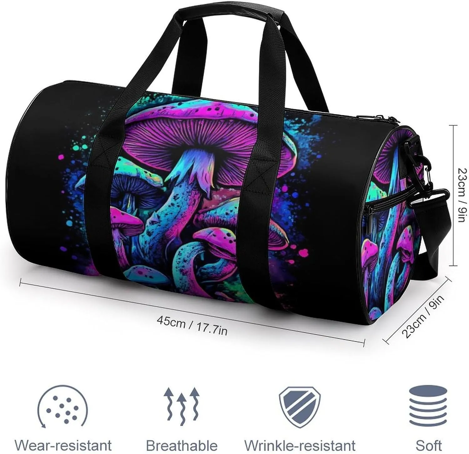 Womens Sports Gym Bag Trippy Mushroom Magical World Glowing Art Overnight Duffel Bag with Pocket Portable Waterproof Travel Fitness Handbag
