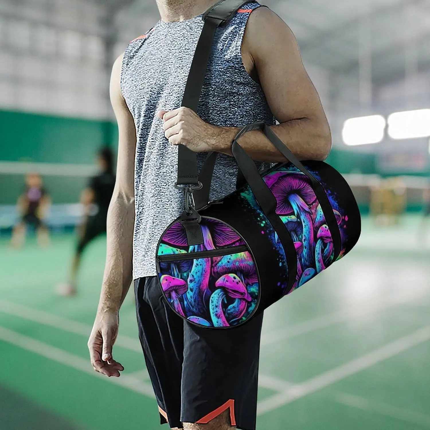 Womens Sports Gym Bag Trippy Mushroom Magical World Glowing Art Overnight Duffel Bag with Pocket Portable Waterproof Travel Fitness Handbag