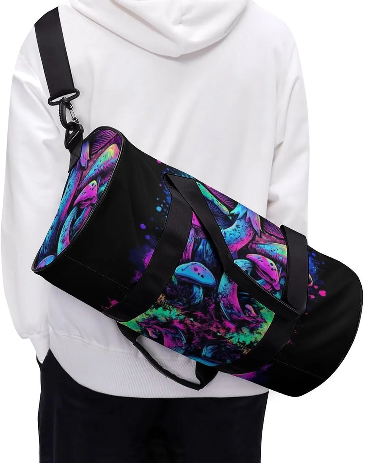 Womens Sports Gym Bag Trippy Mushroom Magical World Glowing Art Overnight Duffel Bag with Pocket Portable Waterproof Travel Fitness Handbag