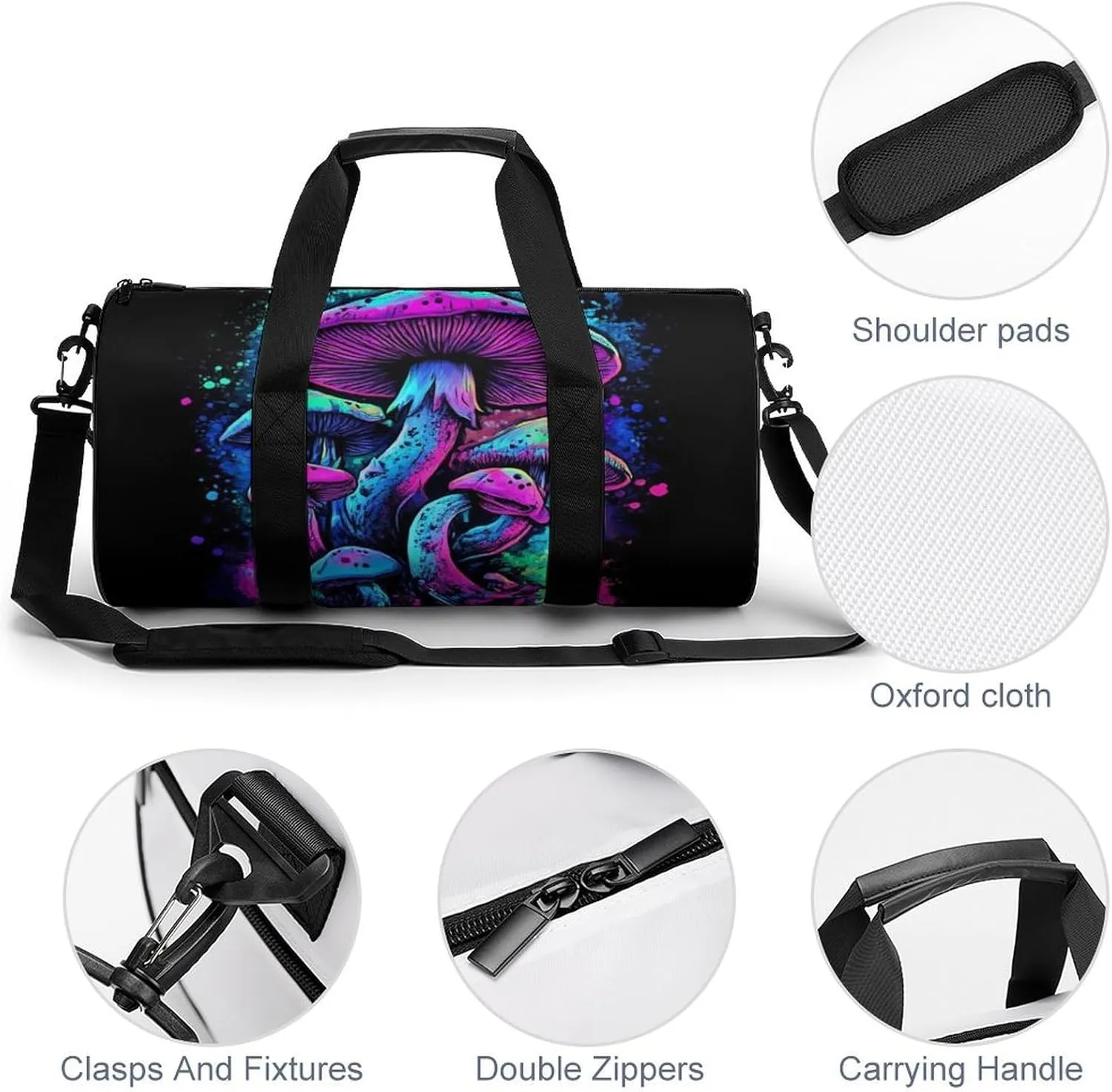 Womens Sports Gym Bag Trippy Mushroom Magical World Glowing Art Overnight Duffel Bag with Pocket Portable Waterproof Travel Fitness Handbag