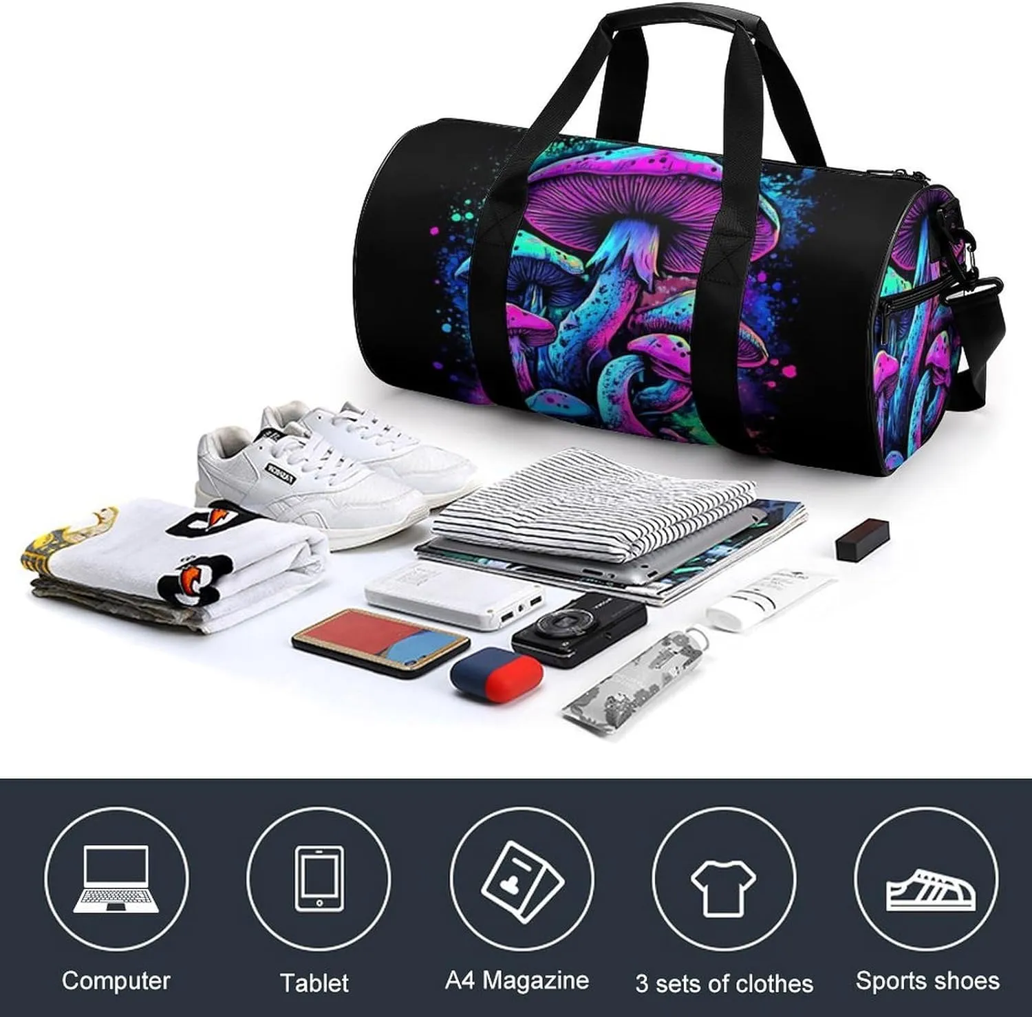Womens Sports Gym Bag Trippy Mushroom Magical World Glowing Art Overnight Duffel Bag with Pocket Portable Waterproof Travel Fitness Handbag