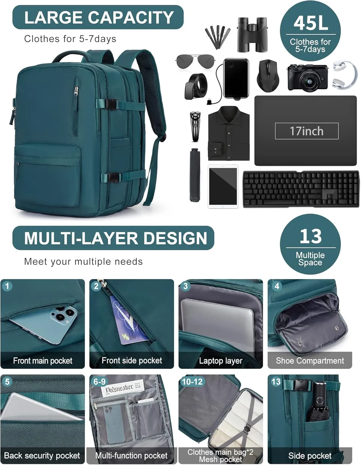 WONHOX Large Travel Backpack Carry on Flight Approved Laptop Work Business Backpack for Women Men Mochila de Viaje