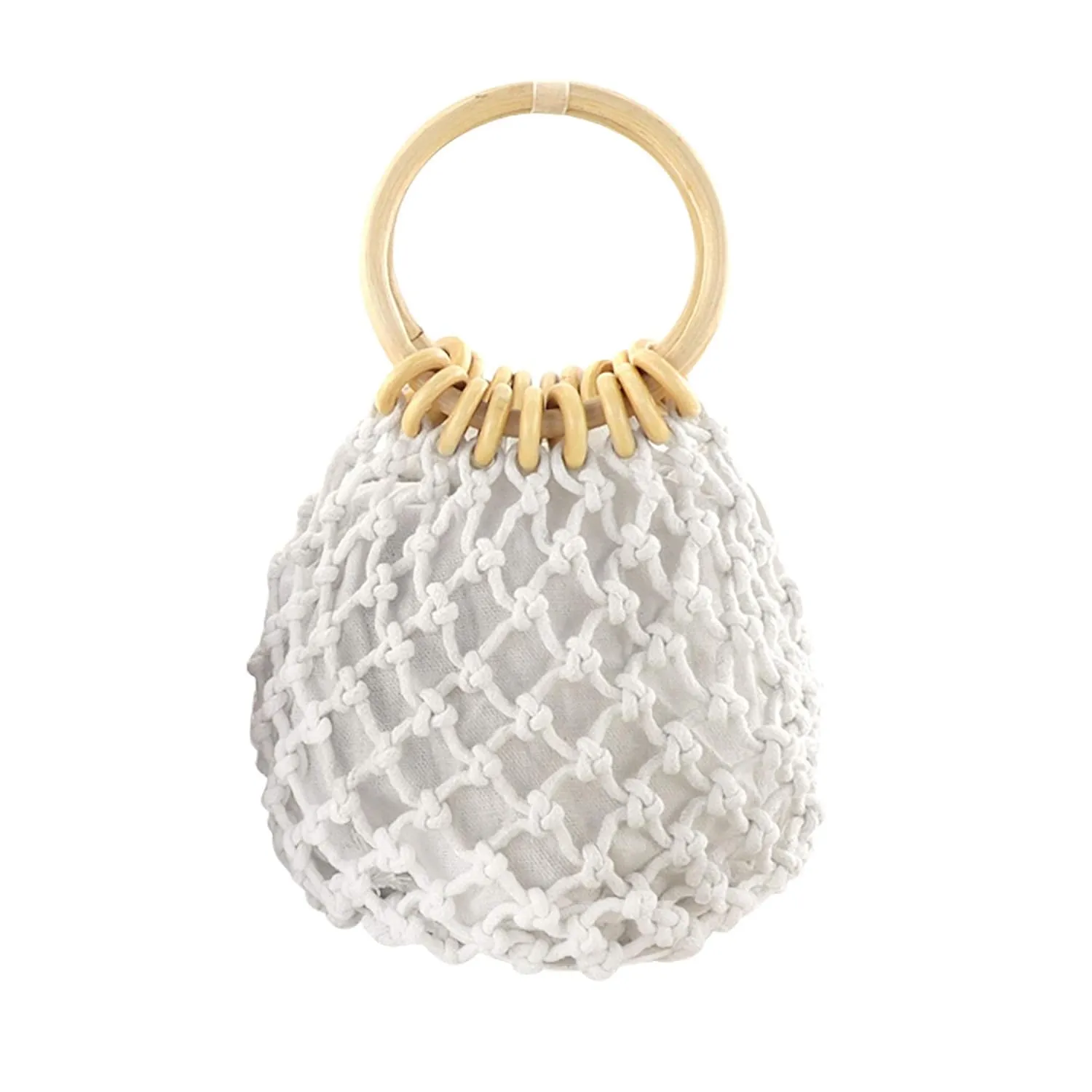 Woven Mini Clutch Tote Handbag Top-handle Bucket Drawstring Handbag Beach Handmade Fishing Net Bag Pouch Purs for Women White