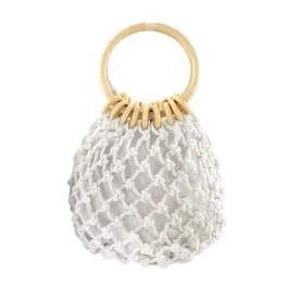 Woven Mini Clutch Tote Handbag Top-handle Bucket Drawstring Handbag Beach Handmade Fishing Net Bag Pouch Purs for Women White