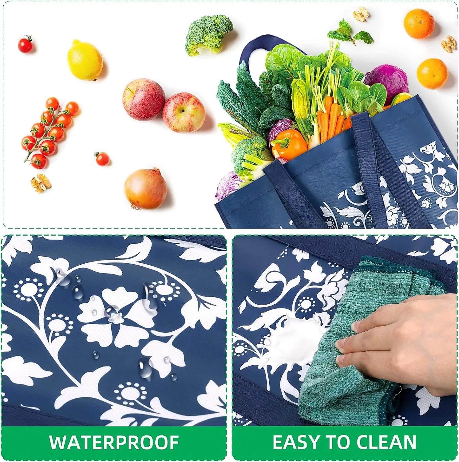 WOWBOX Reusable Grocery Bags Foldable Tote Bags Bulk with Reinforced Handles Shopping Bags for Groceries Heavy Duty Kitchen Reusable Grocery Bags with Waterproof Coating 4-Pack, Blue