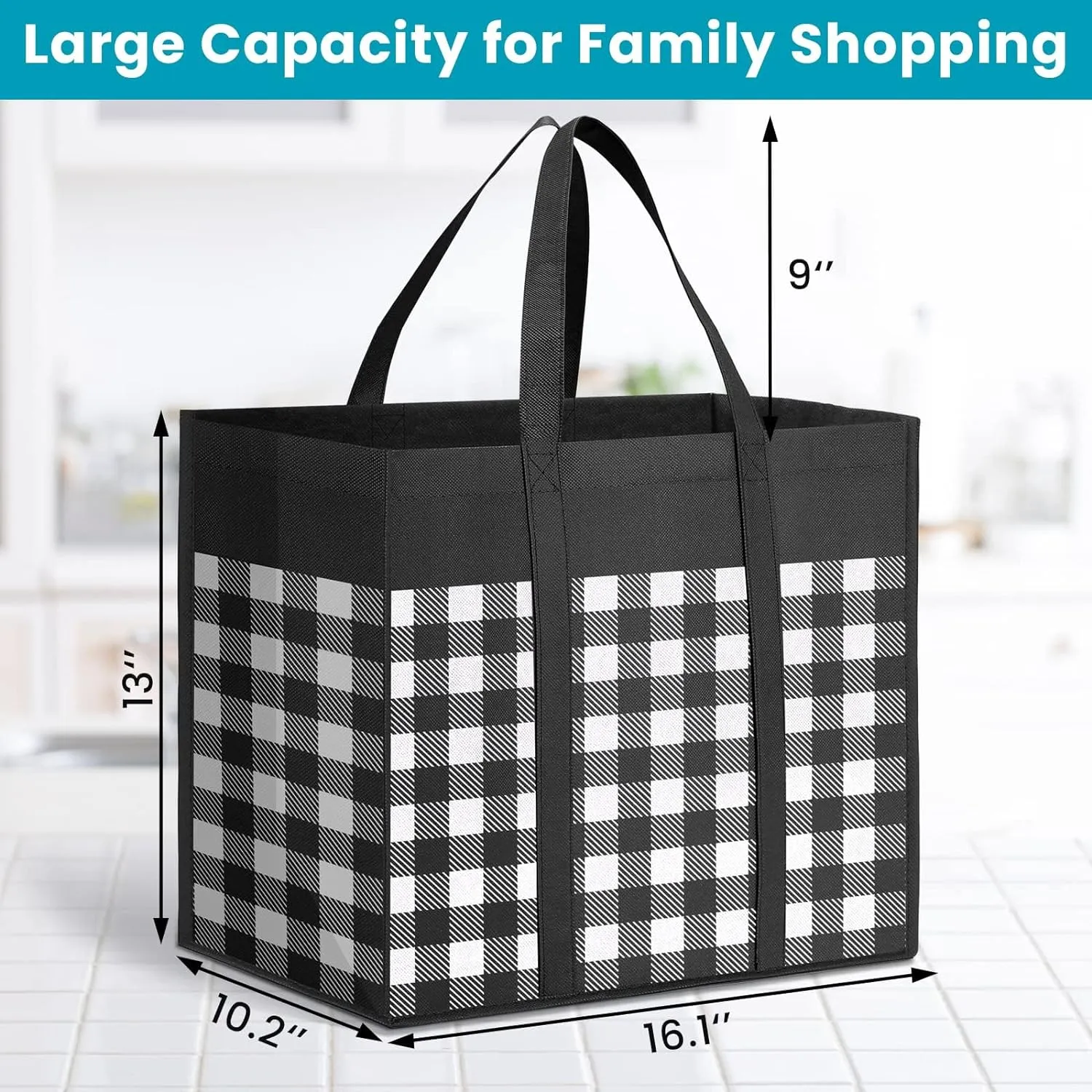 WOWBOX Reusable Grocery Bags,4-Pack, Foldable Reusable Shopping Tote Bags bulk with Reinforced Handles,Large Storage Bags with Water Resistant Coating for Groceries,Multipurpose,Black-White